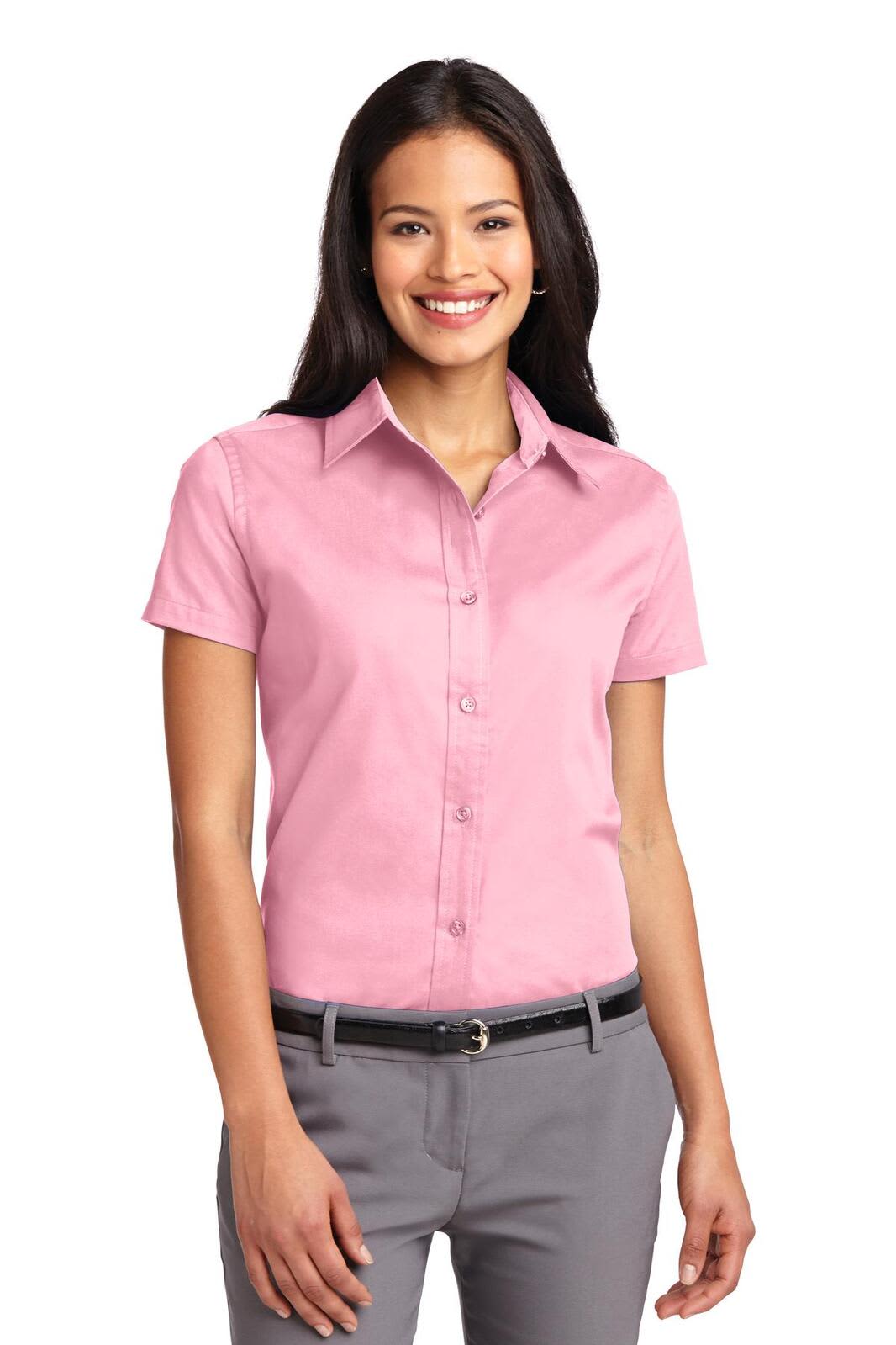 A short sleeve, button-up shirt in pink, featuring a classic collar and a fitted design.
