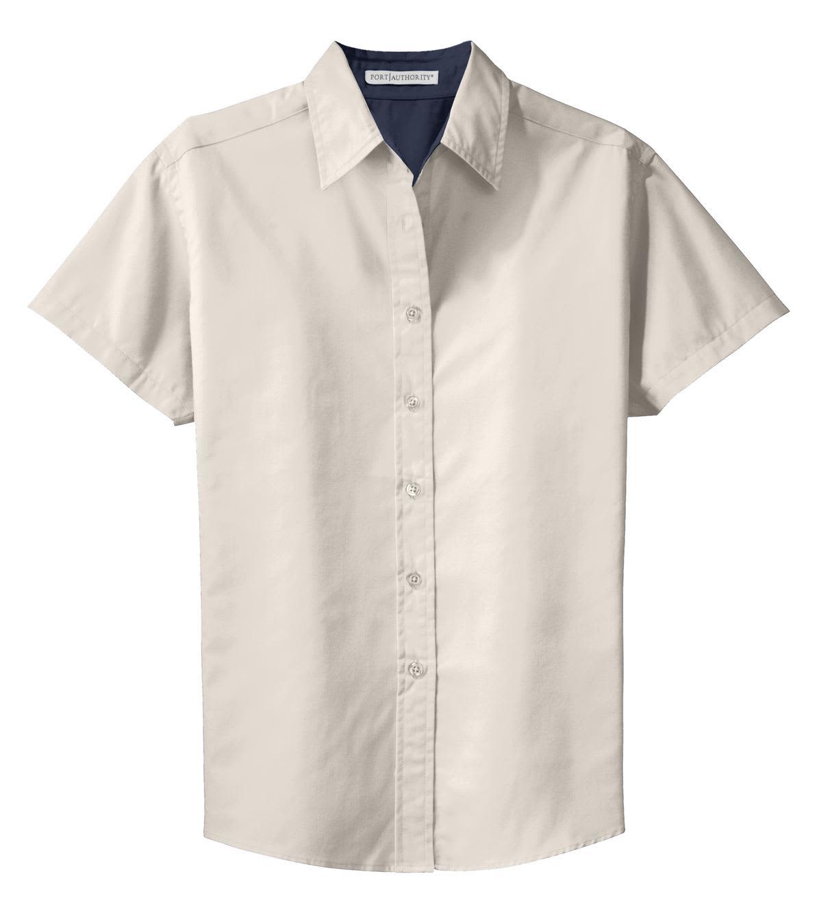 A light beige short sleeve button-up shirt featuring a collar and a logo on the chest.