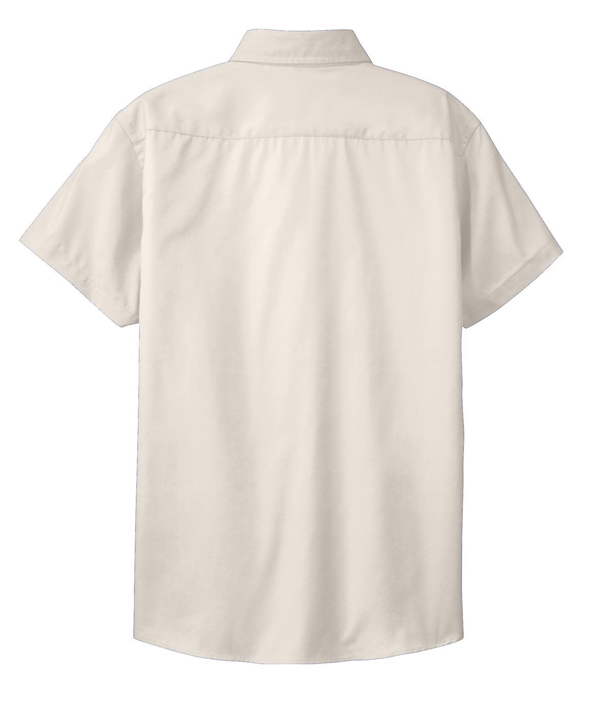 A light beige short sleeve button-up shirt with a back yoke and a logo present.