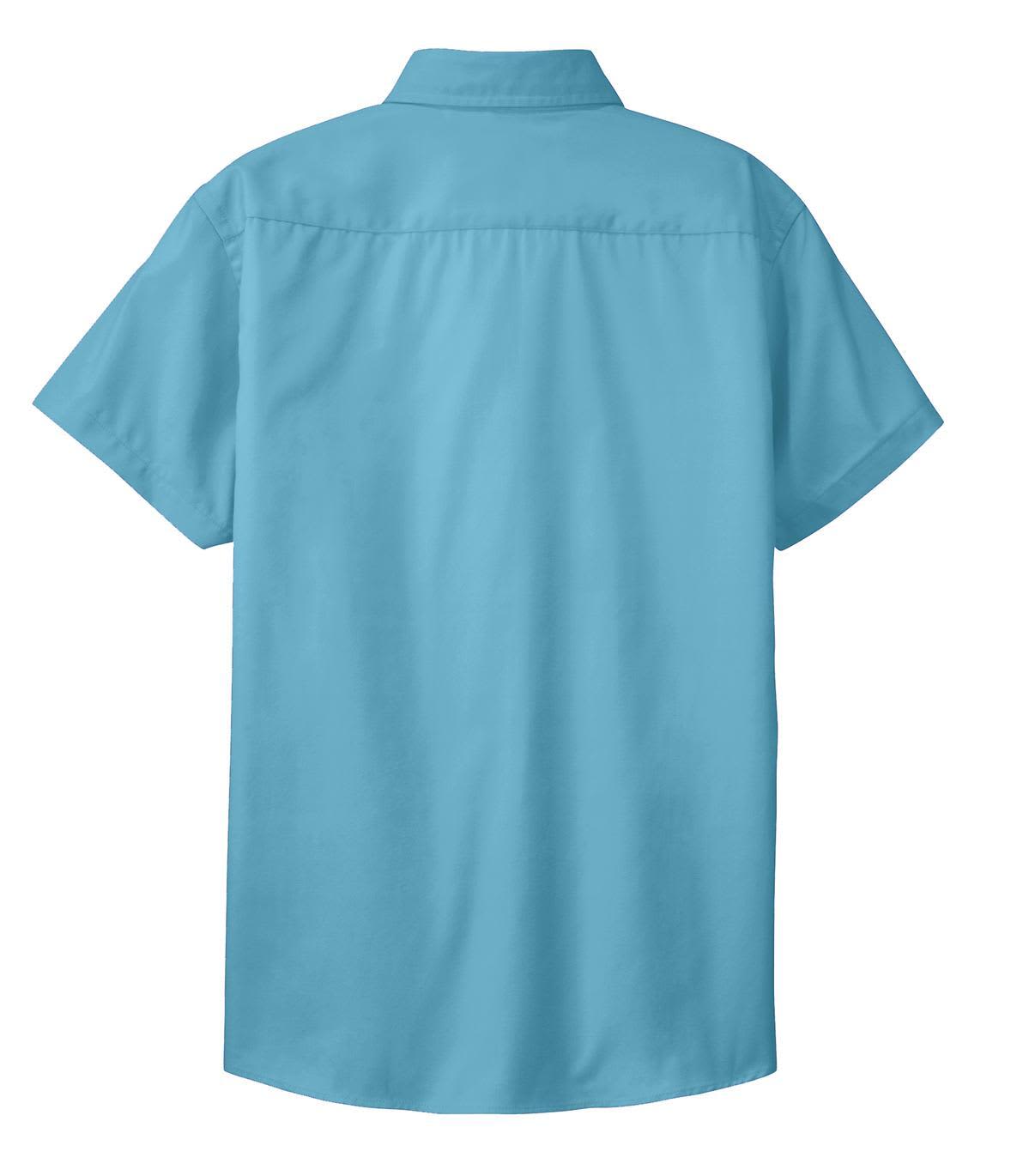 A light blue short sleeve button-up shirt with a collar and a straight back design. It features a logo on the fabric.