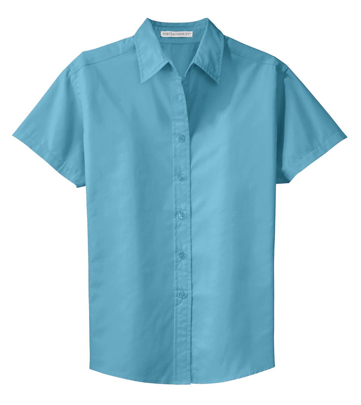 A button-up shirt in a bright aqua blue colour featuring a short sleeve design and a collar. It has a logo.