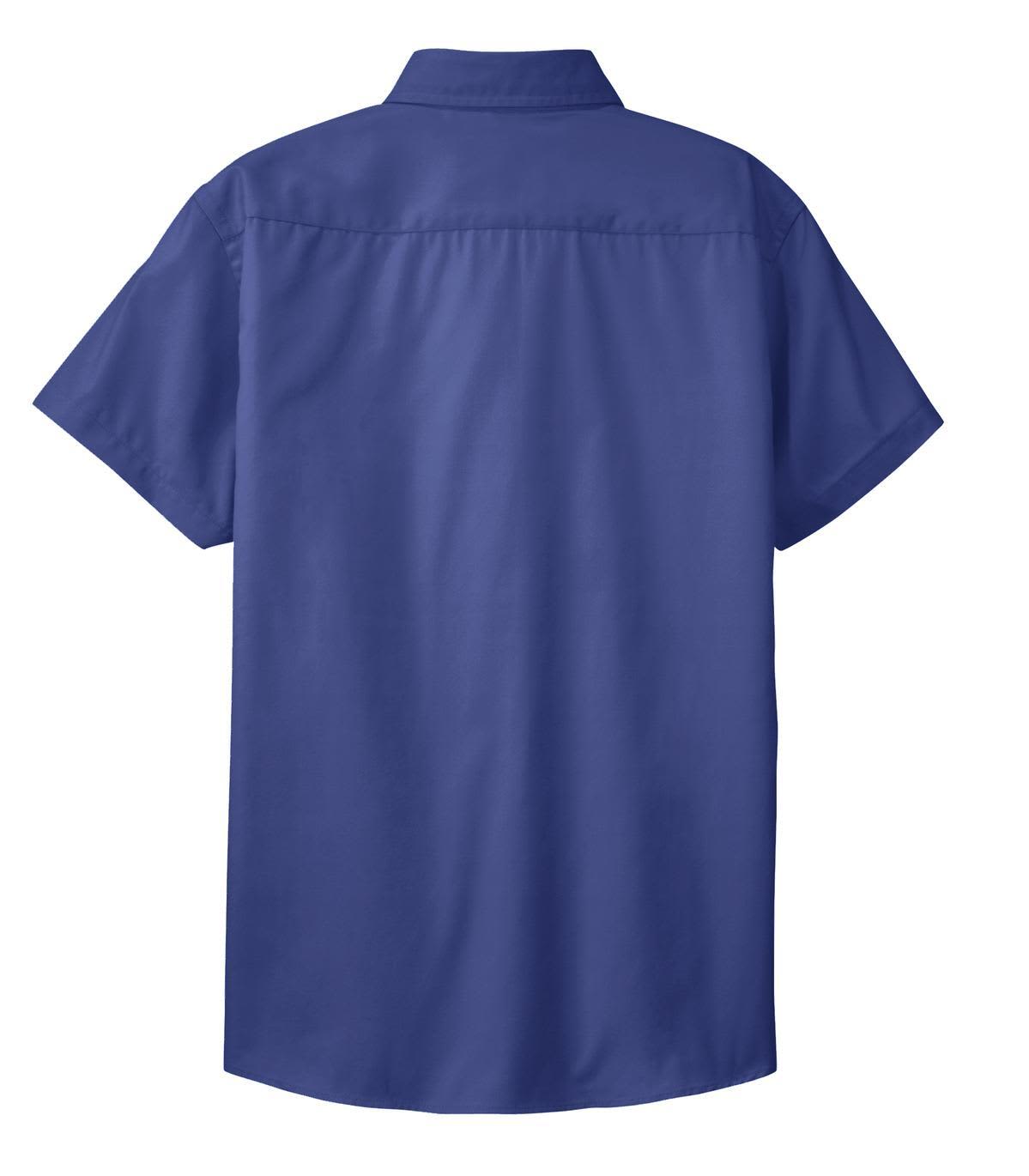 A blue short sleeve button-up shirt with a back yoke and a logo. Ideal for casual or work settings.