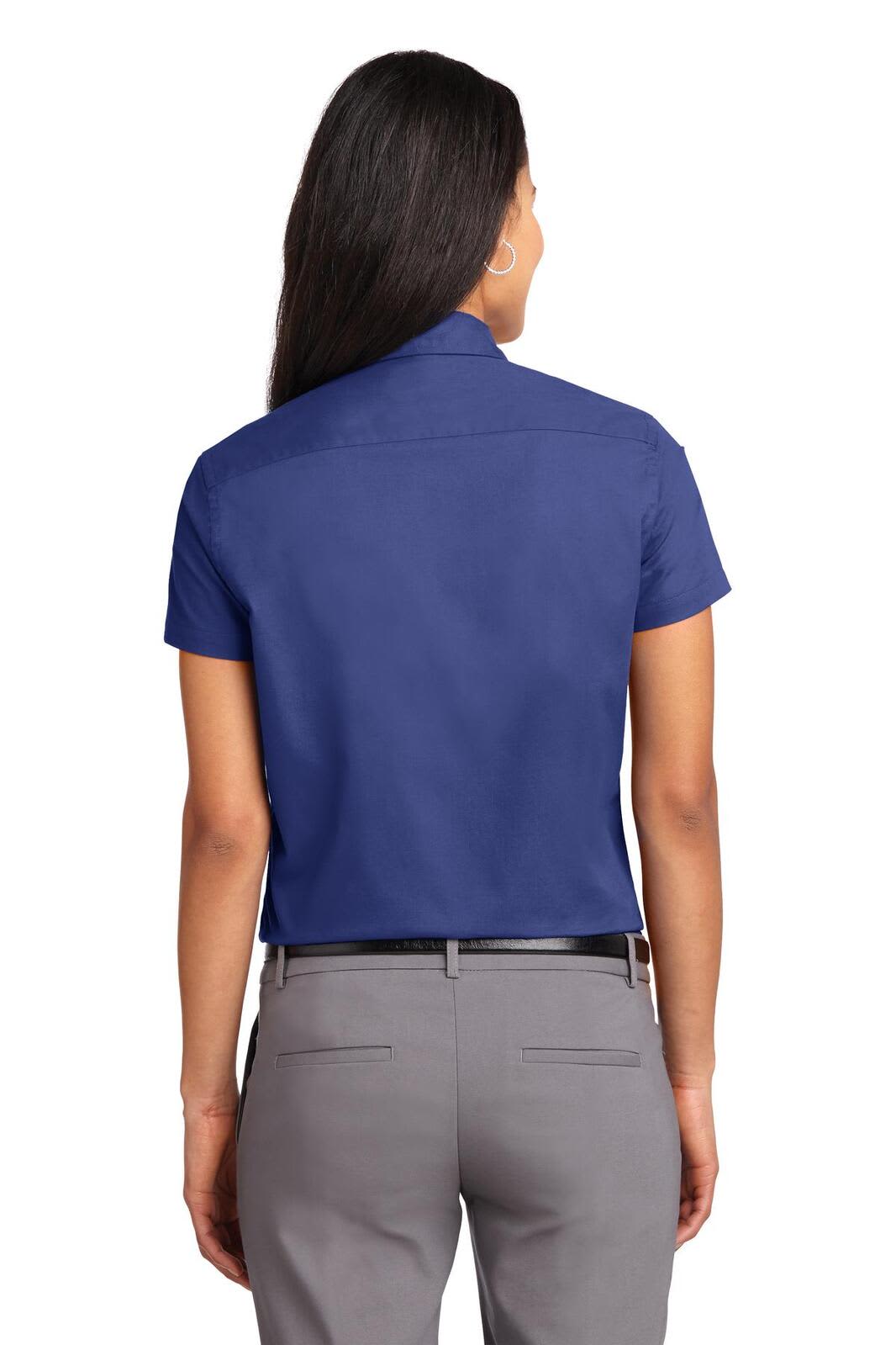 A blue ladies' short sleeve button-up shirt with a collar, featuring a logo on the back.