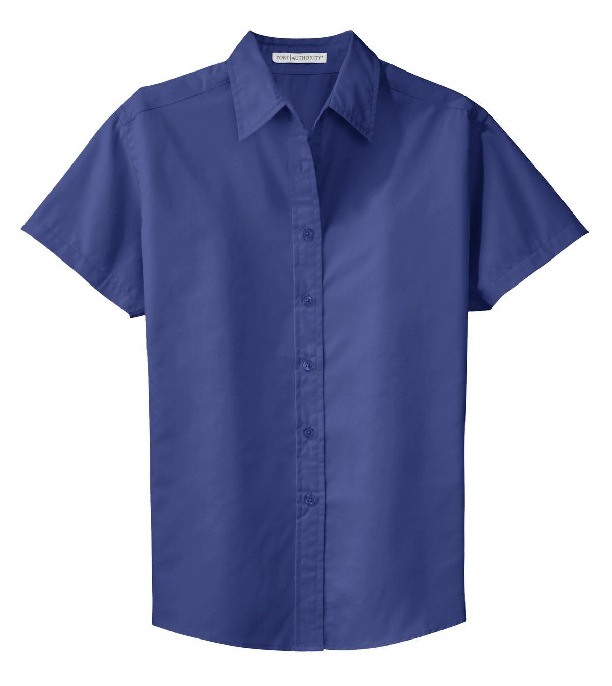 A short sleeve button-up shirt in navy blue with a crisp collar and a logo.