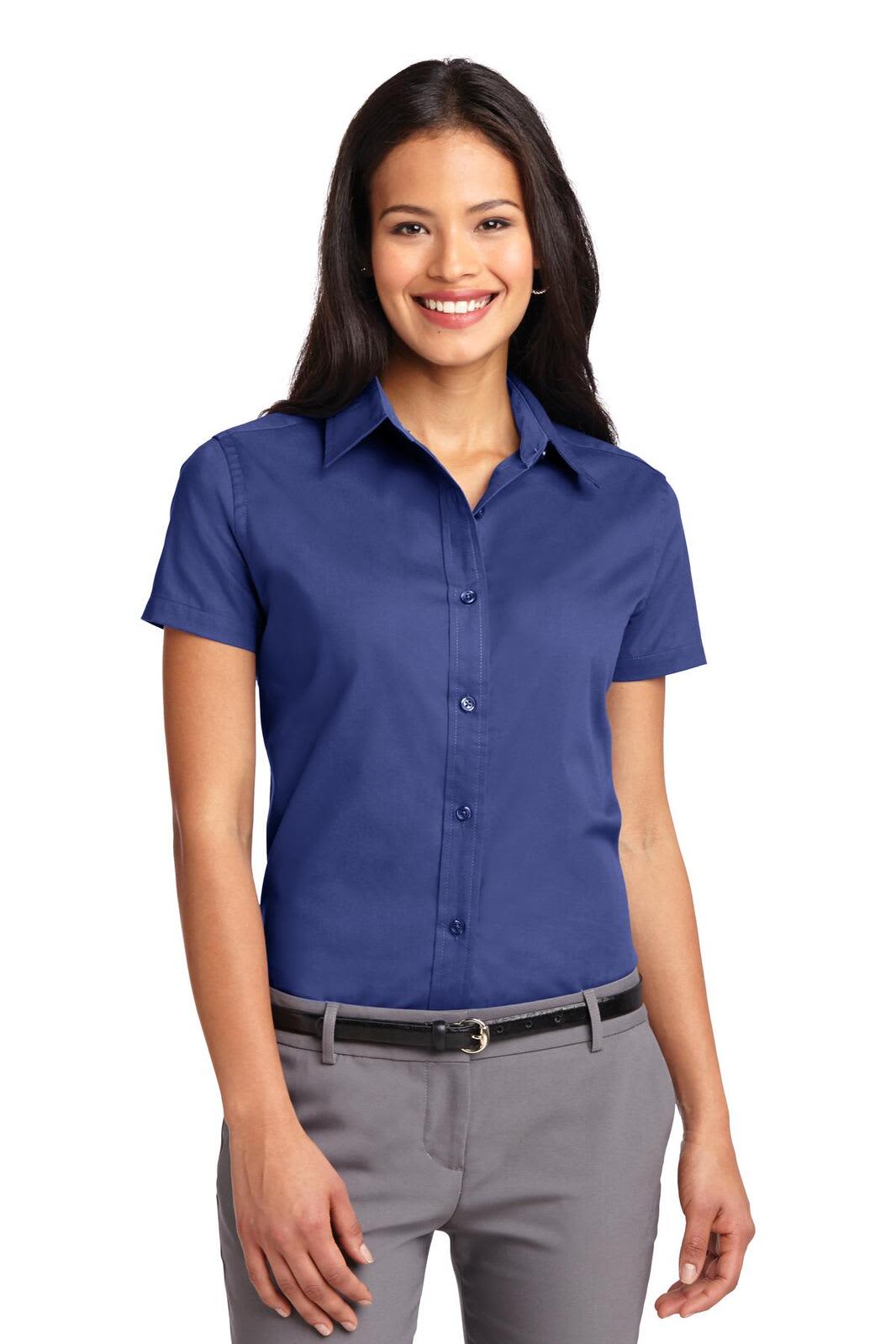 A navy blue ladies' short sleeve button-up shirt, featuring a collar and a fitted design. It has a logo on it.