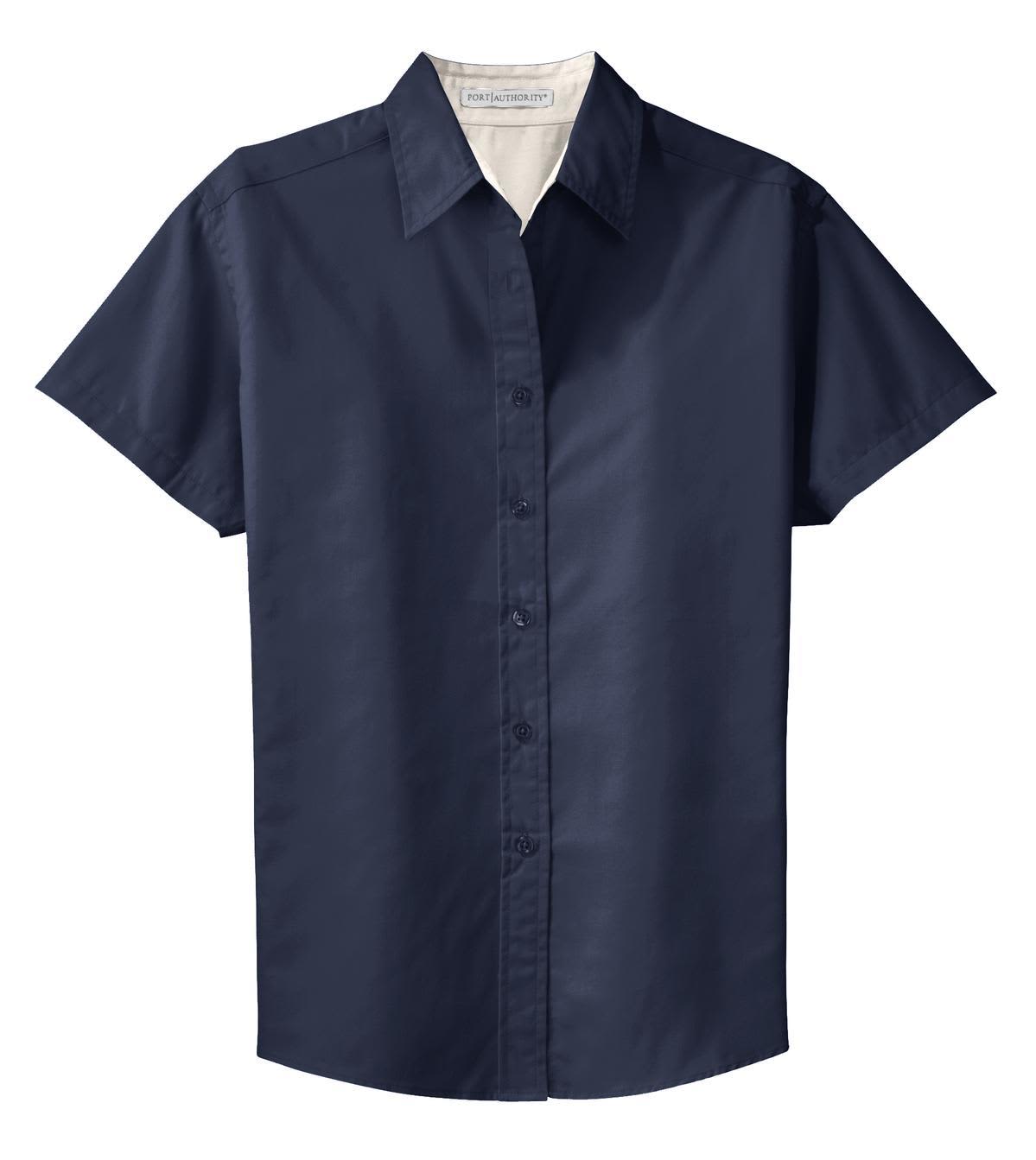 A navy short sleeve button-up shirt featuring a collar and a logo on the chest.