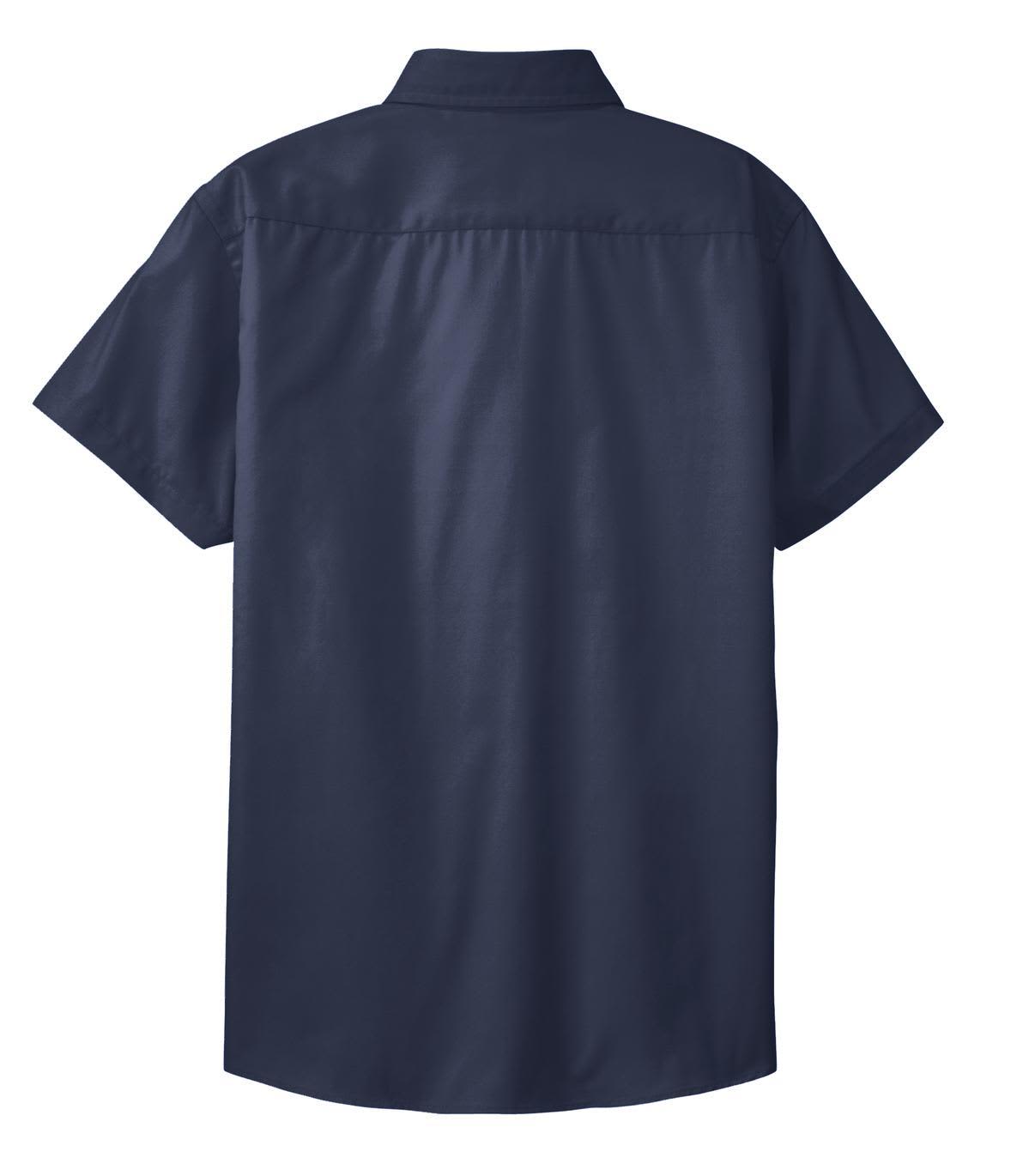 A navy blue short sleeve button-up shirt with a back yoke and a logo.