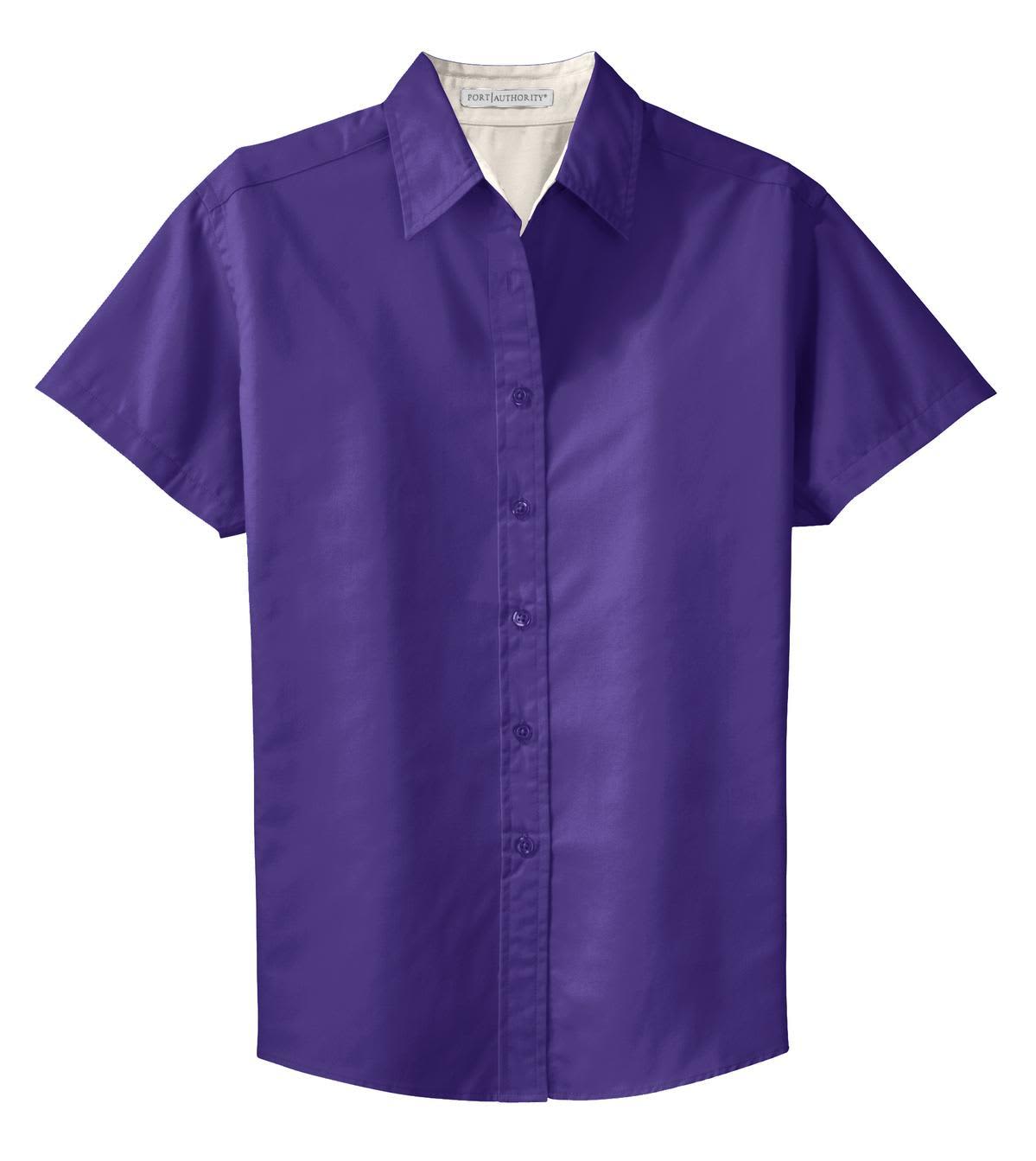A short sleeve button-up shirt in vibrant purple with a shirt collar and a logo on the chest area.