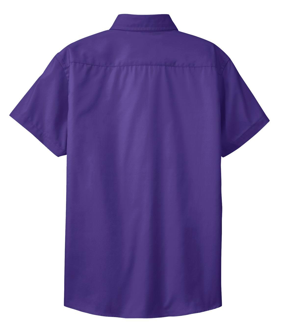 A purple short sleeve button-up shirt with a back yoke and a logo on the side.
