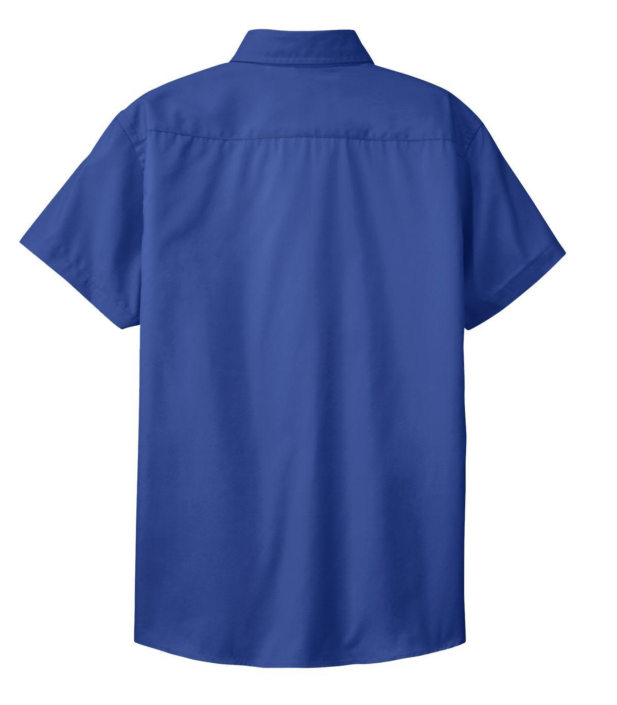 A blue short sleeve button-up shirt with a collar and a logo on the back.