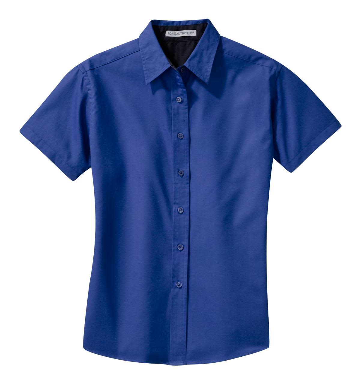 A blue short sleeve button-up shirt featuring a collar and a front button closure, with a logo present.