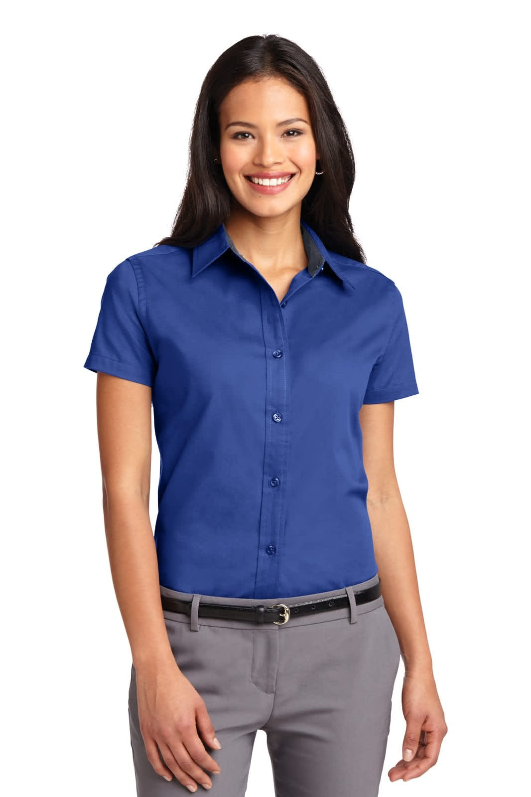 A blue short sleeve button-up shirt for ladies, featuring a collar and a logo.