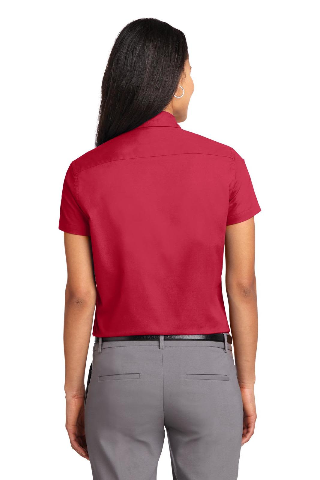 A red short-sleeve button-up shirt with a classic collar, featuring a smooth back design.