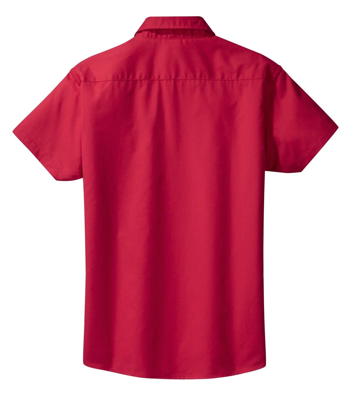A red short sleeve button-up shirt with a collar and back yoke, featuring a plain design.