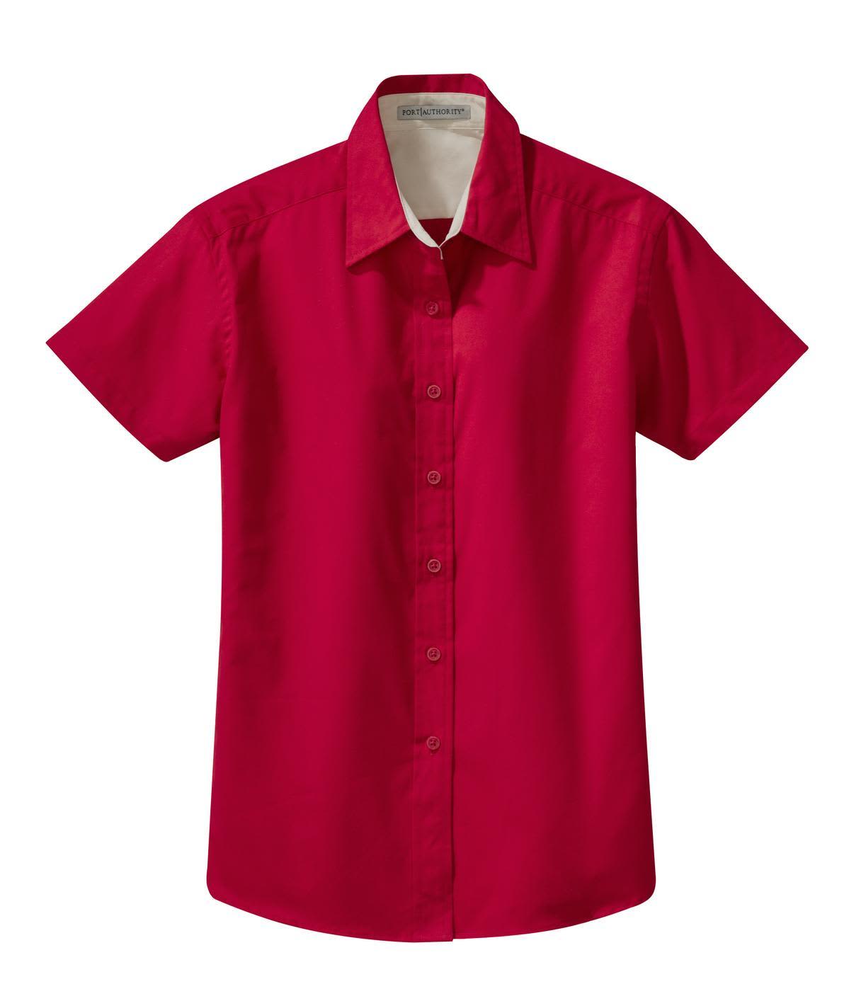 A short sleeve button-up shirt in bright red with a collar and a logo.