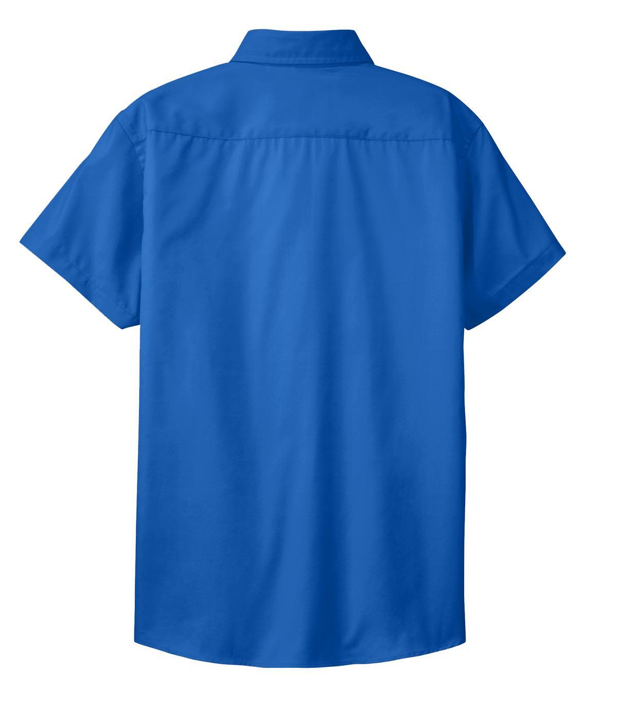 A blue short sleeve button-up shirt with a collar and a logo on the back.