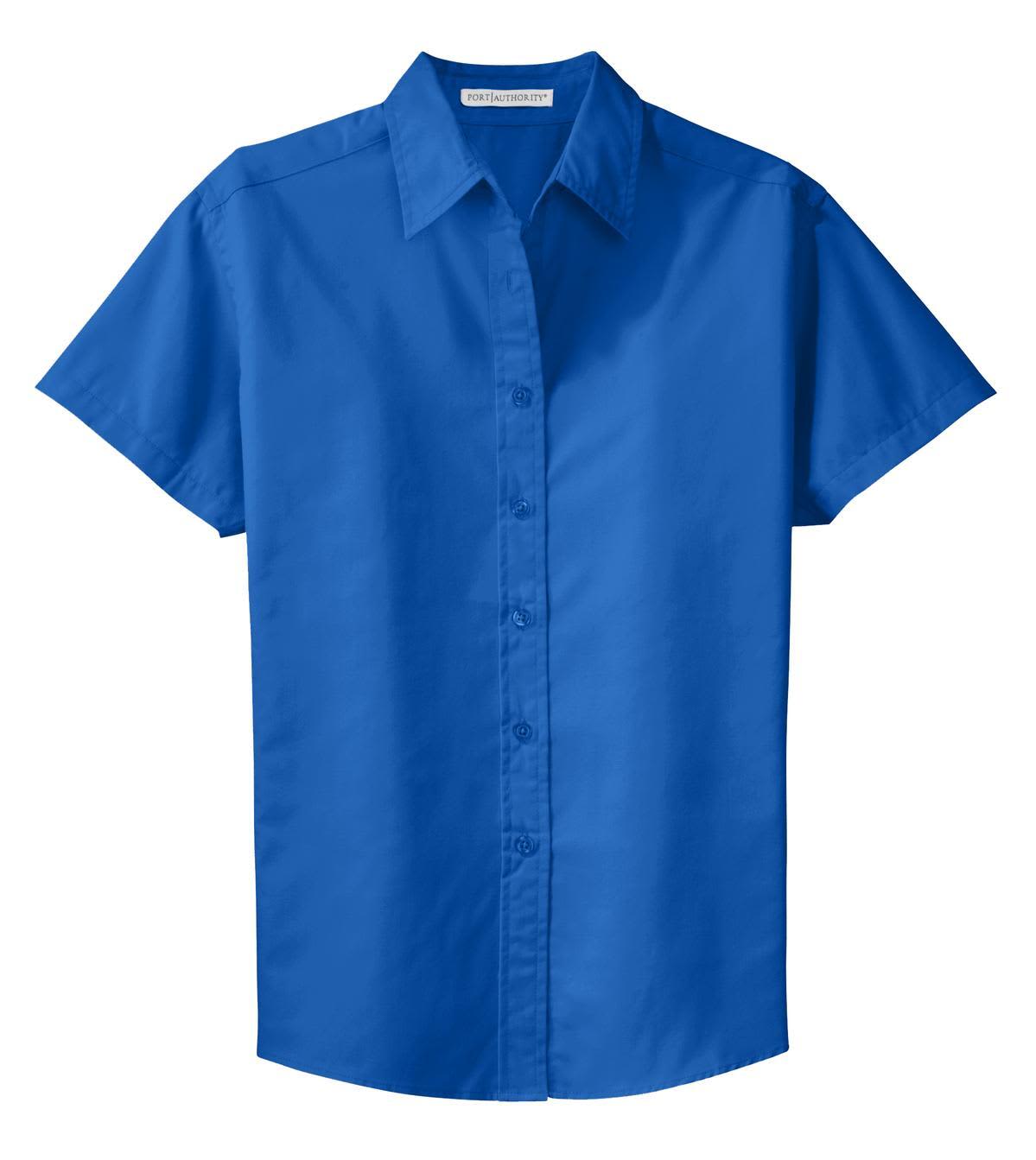 A blue short sleeve button-up shirt with a collar, featuring a logo on the front.