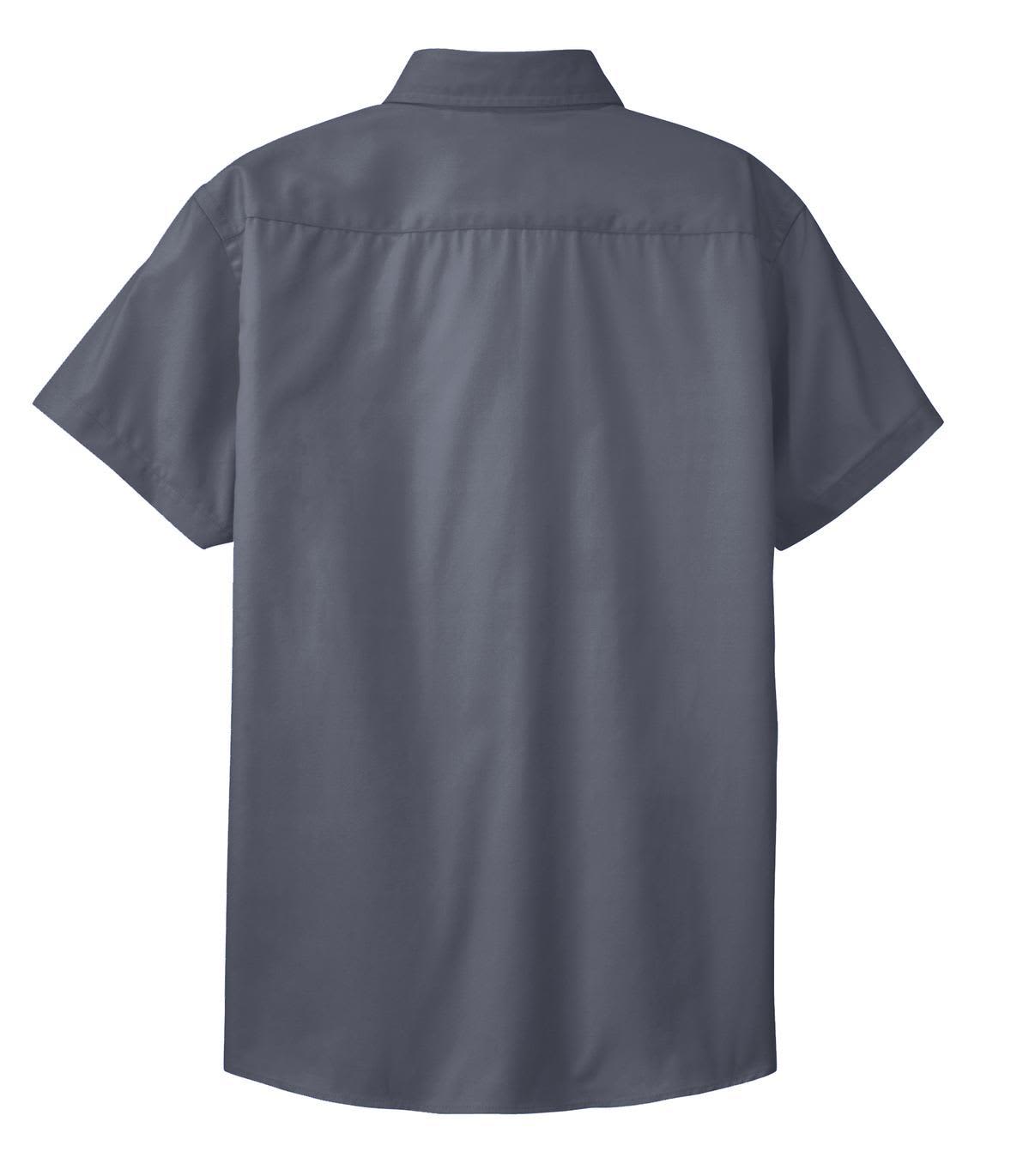 A grey short sleeve button-up shirt featuring an easy care fabric, with a classic collar and back yoke.