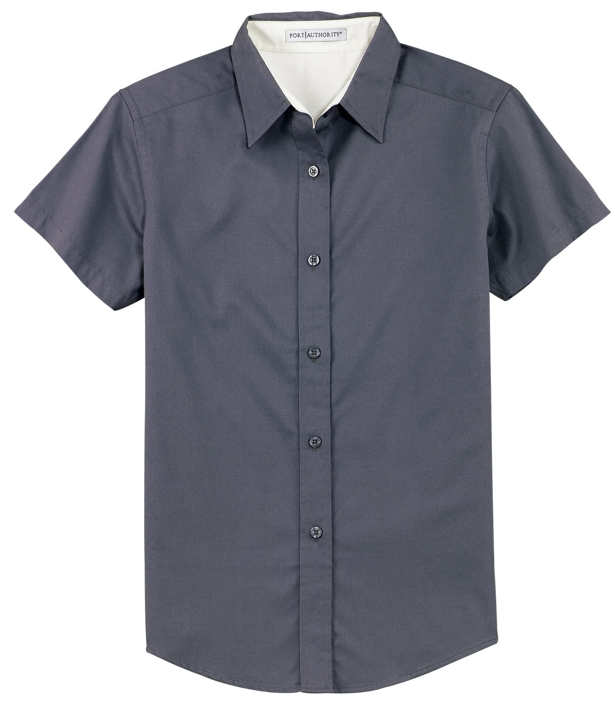A grey short sleeve button-up shirt featuring a collar and a logo.