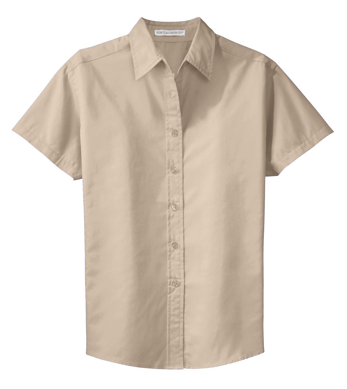 A short-sleeved button-up shirt in a light beige colour, featuring a collar and a front placket with buttons.