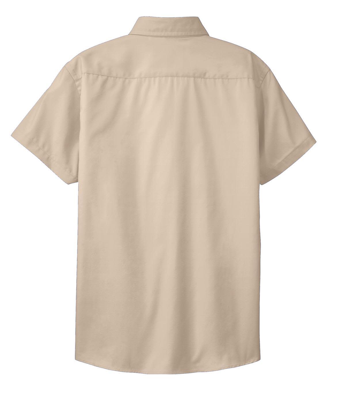 A short sleeve button-up shirt in beige with a back yoke and a logo.