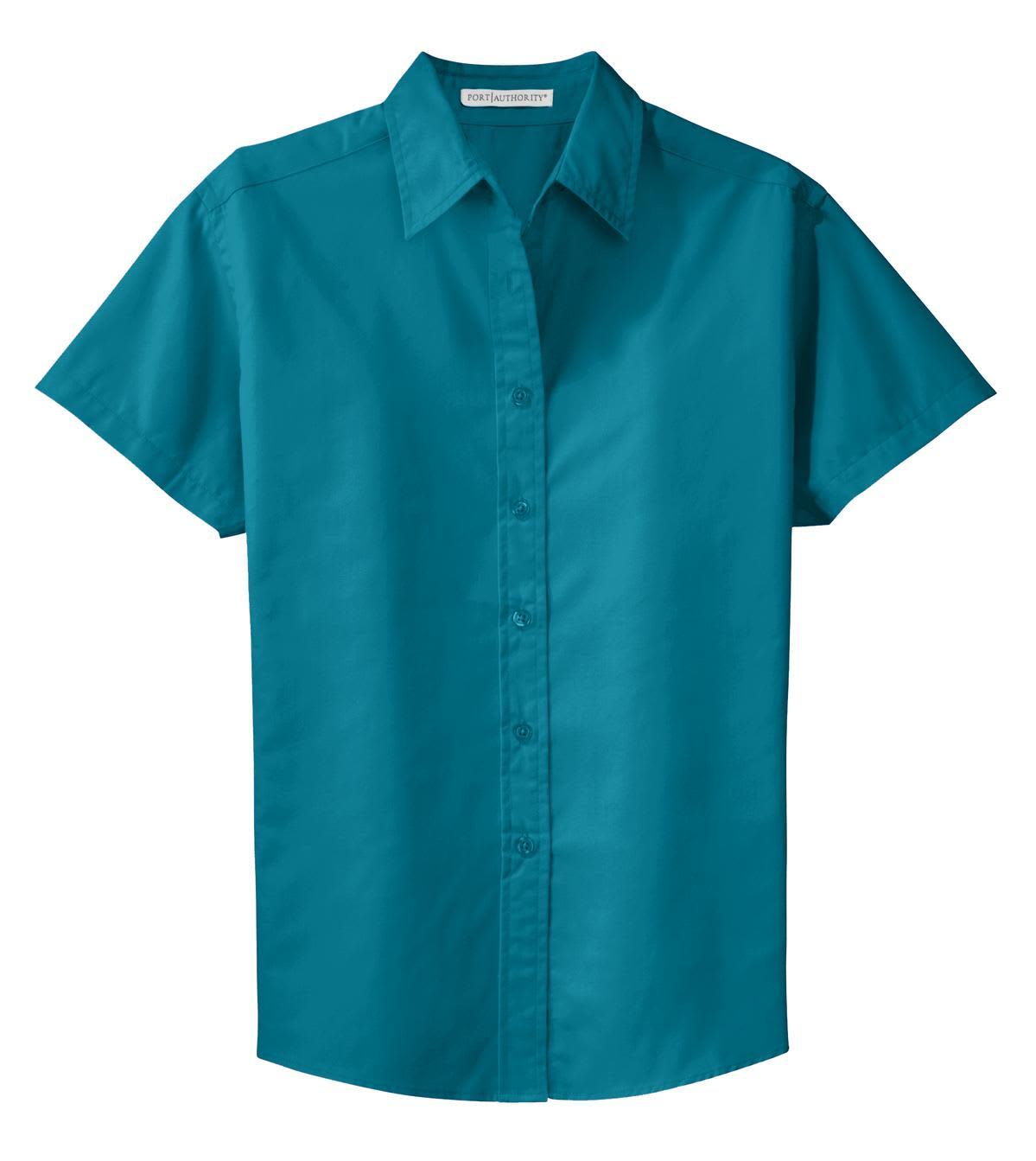 A short sleeve button-up shirt in a vibrant teal colour, featuring a collar and a logo.