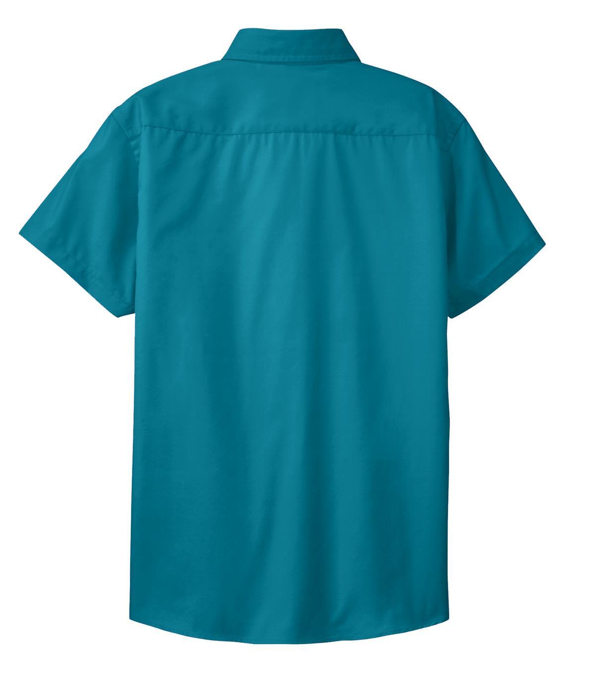 A short sleeve button-up shirt in teal with a smooth back design and a collar, featuring a logo.