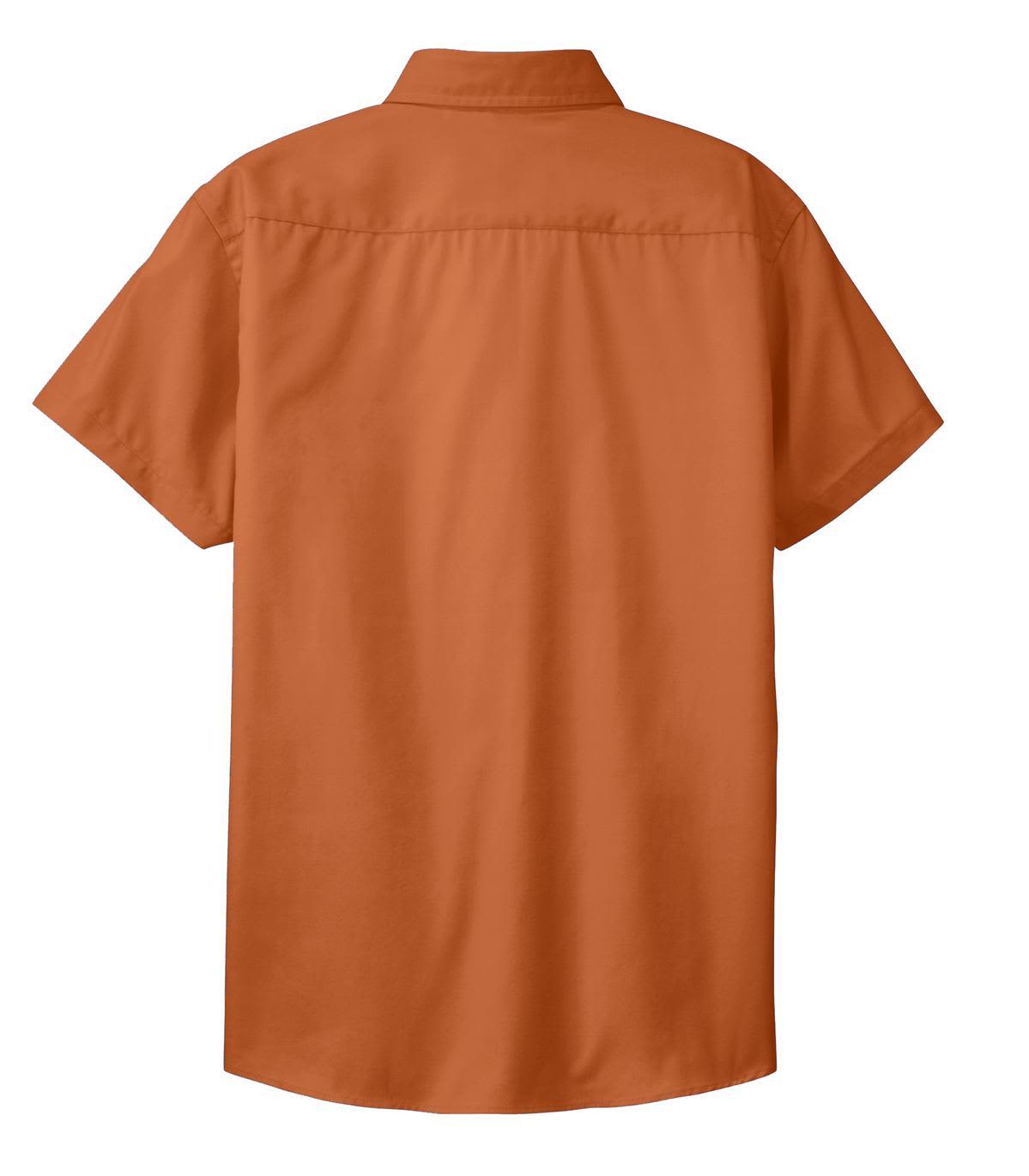 A short sleeve button-up shirt in rust orange, featuring a collar and a logo.