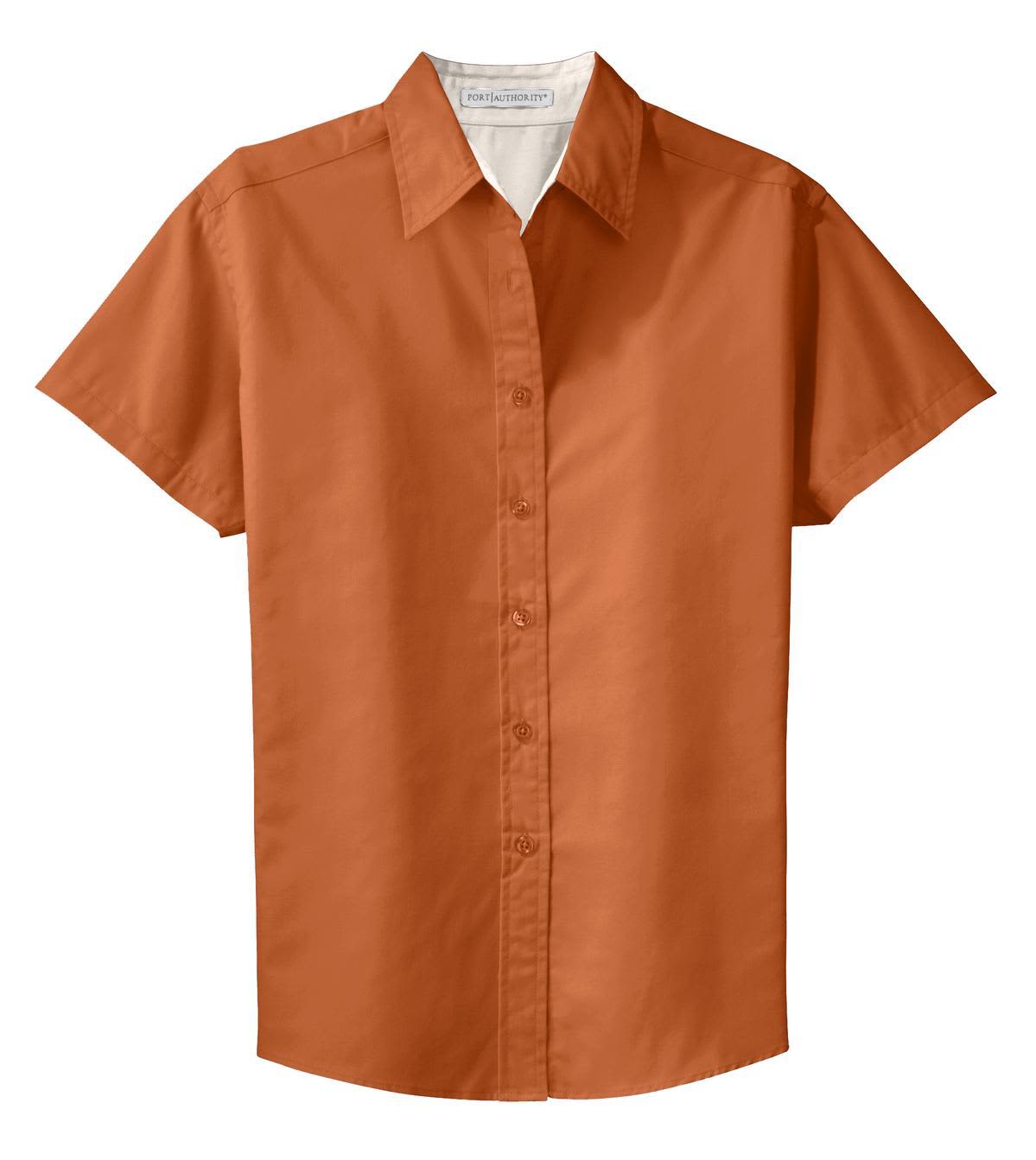 A short-sleeve button-up shirt in a vibrant orange colour, featuring a collar and a logo on the side.