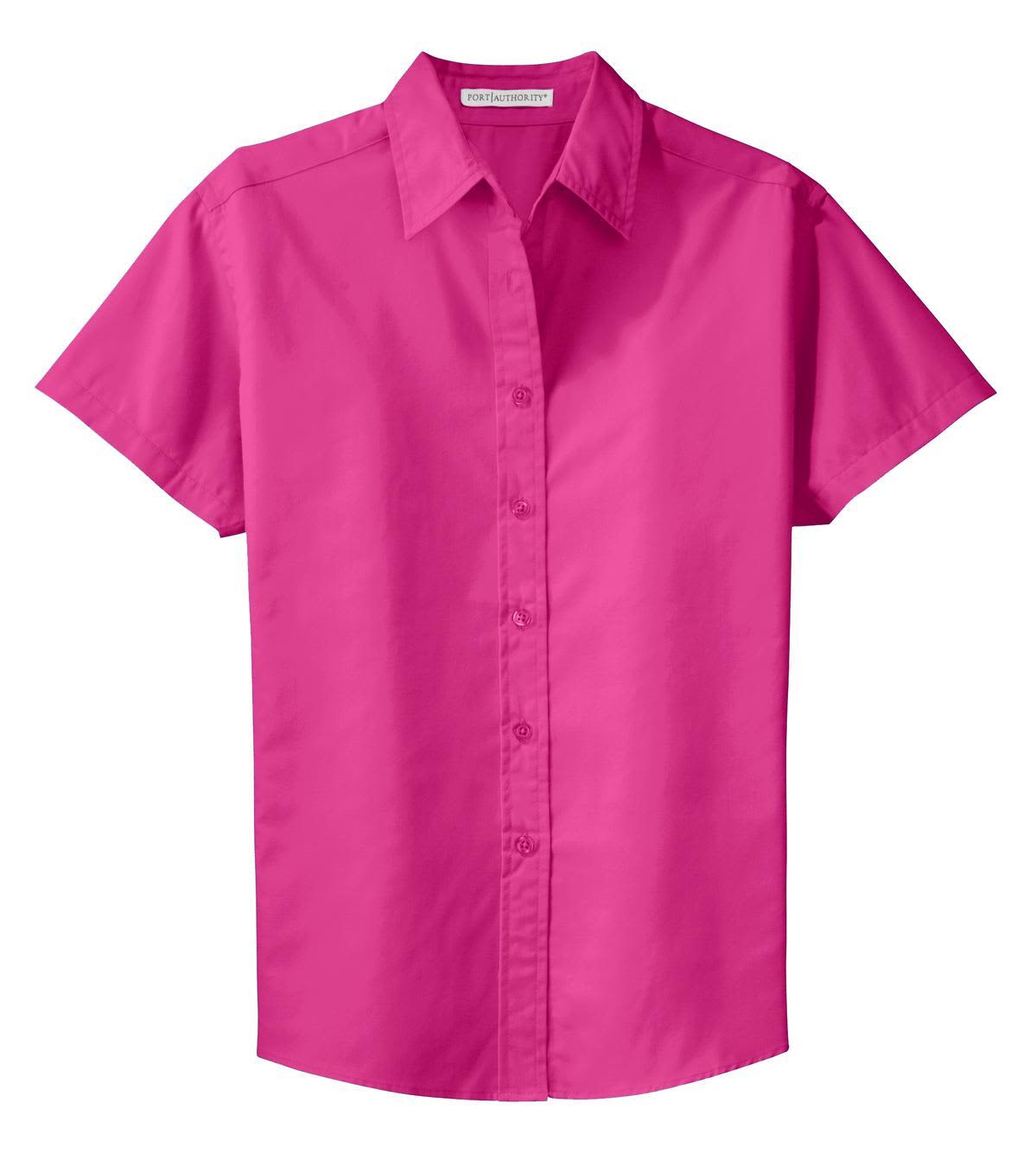 A pink short sleeve button-up shirt featuring a collar and a front button closure. It has a logo on the fabric.