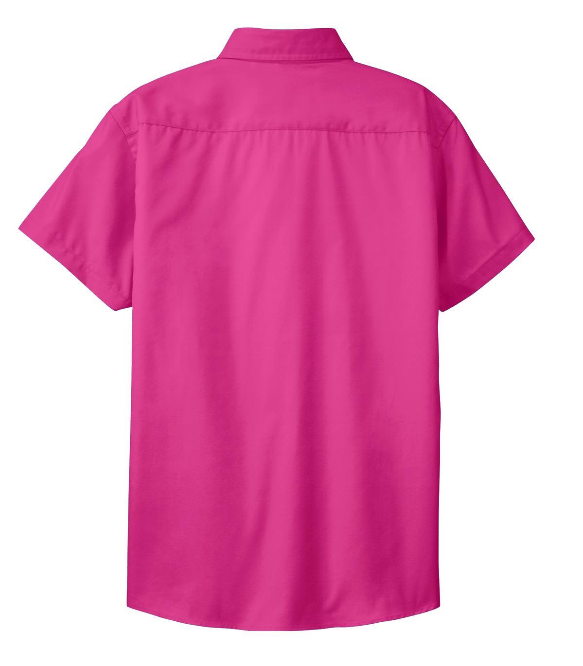 A bright pink button-up shirt with a short sleeve design and a back yoke. It features a logo.