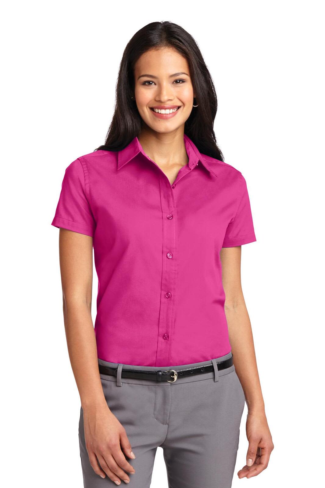 A short-sleeve button-up shirt in vibrant pink, featuring a collar and a fitted design. It has a branding logo.