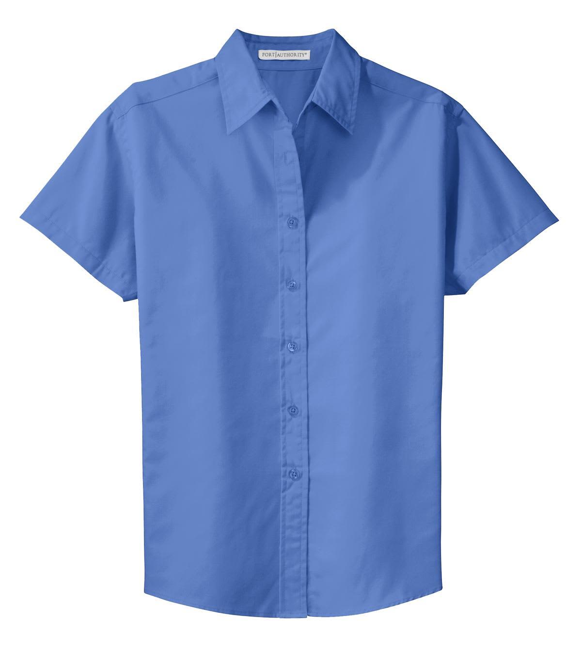 A short sleeve button-up shirt in light blue, featuring a collar and a front button closure. Includes branding.