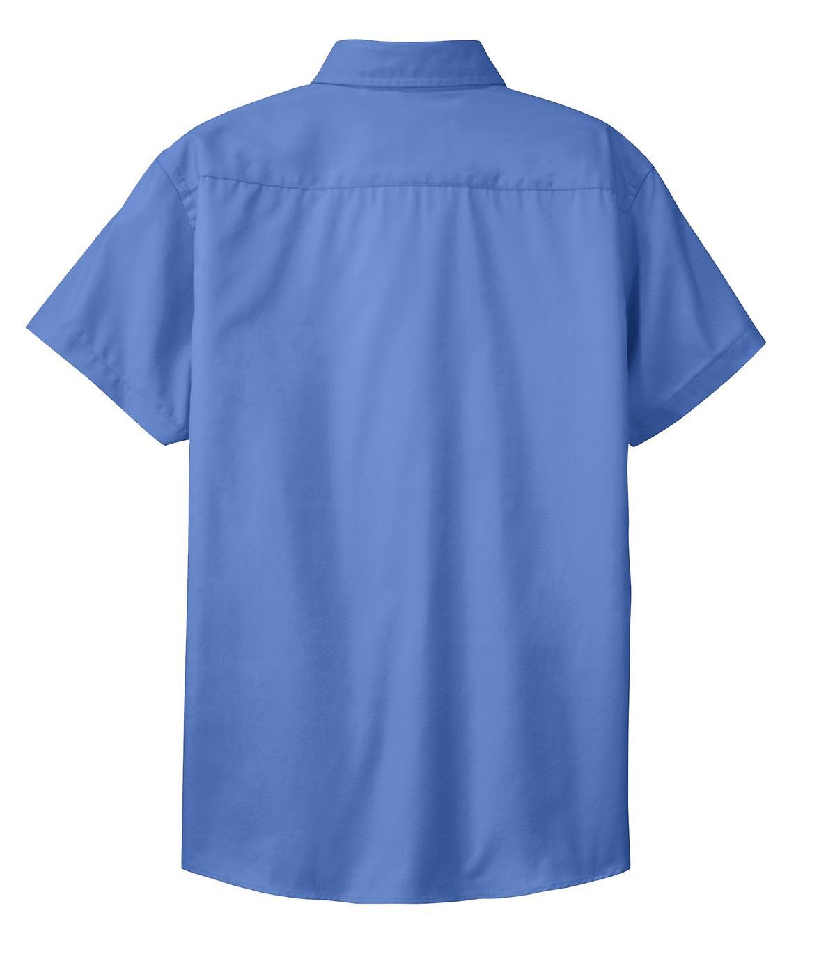 A short-sleeve button-up shirt in a solid blue colour, featuring a back yoke and a logo.