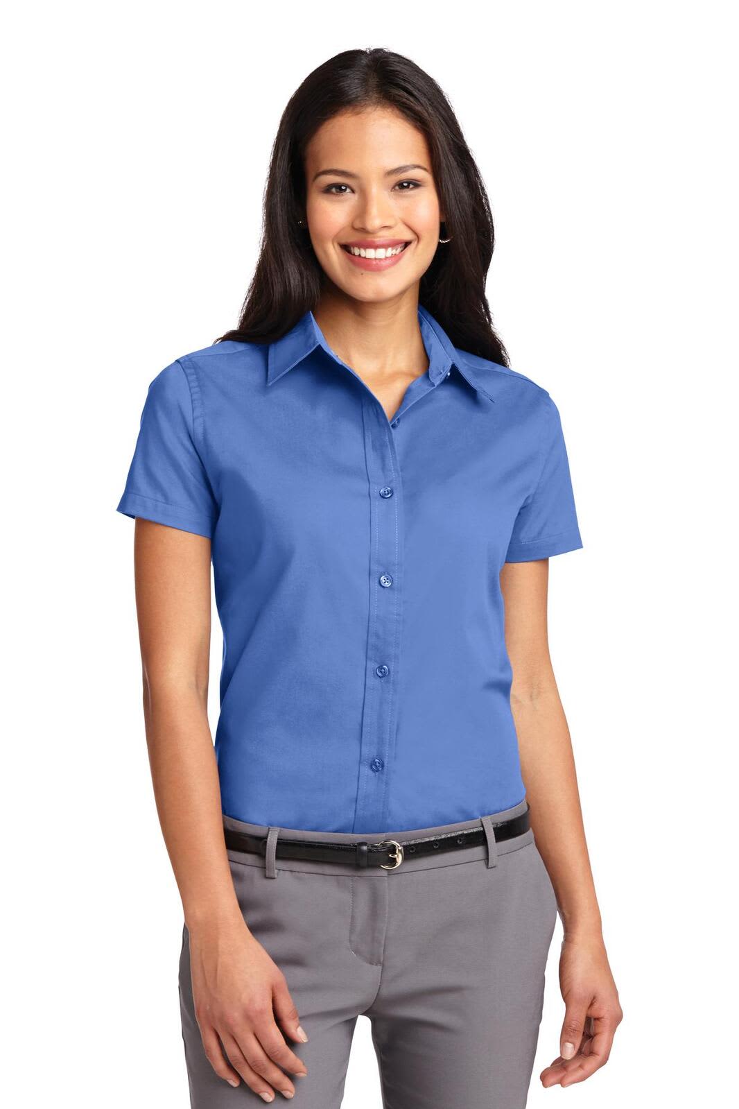 A blue short sleeve button-up shirt for women, featuring a collar and a fitted design. Includes a logo.