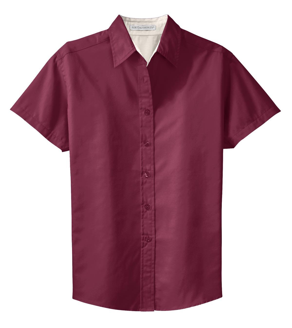 A maroon short sleeve button-up shirt with a collar and a logo. Suitable for easy care and everyday wear.