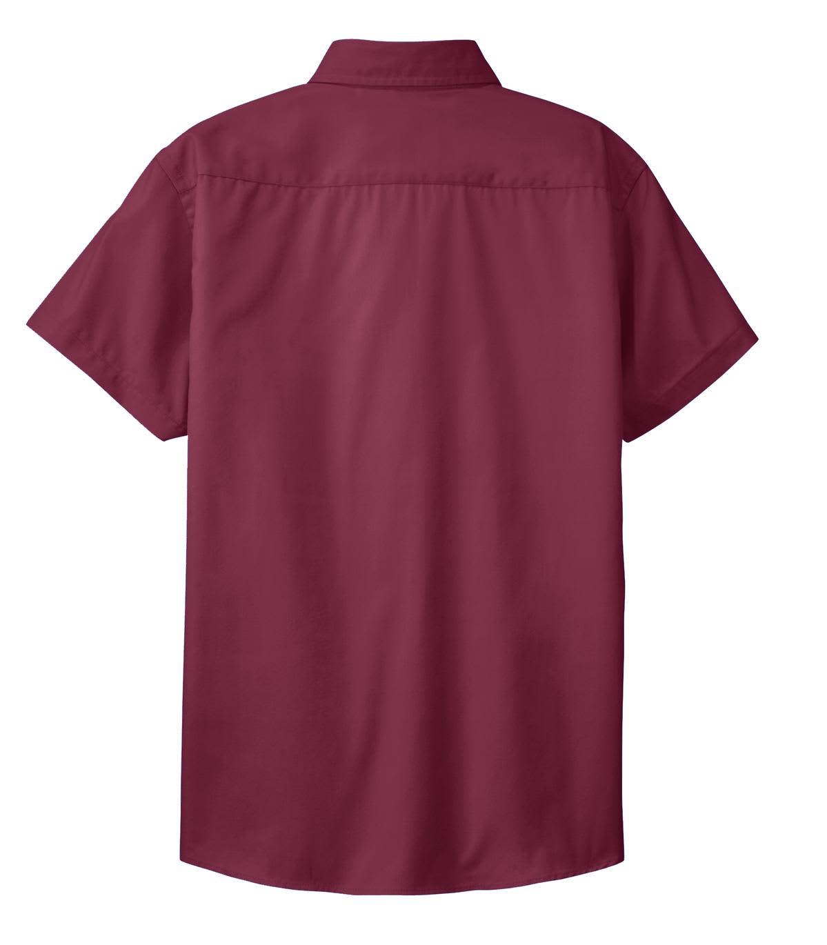 A maroon button-up shirt with short sleeves and a collar, featuring a back yoke and a brand logo.