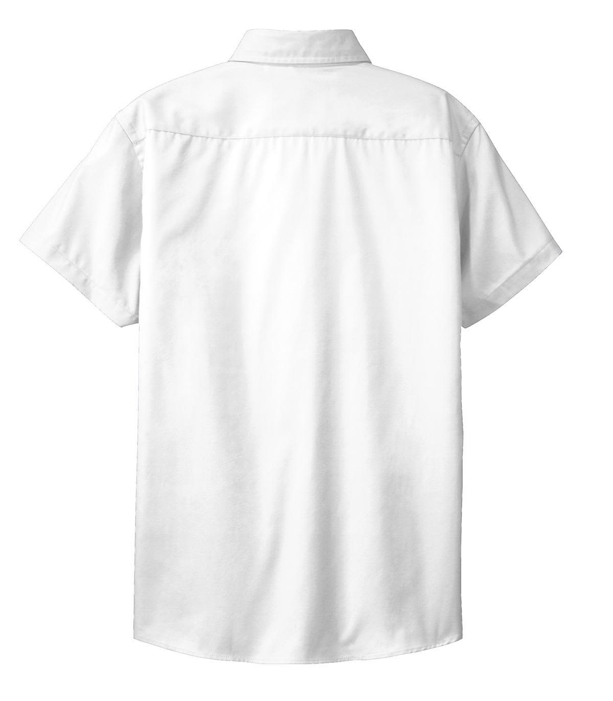 A white short sleeve button-up shirt with a back yoke and a logo. Designed for easy care and women's fit.