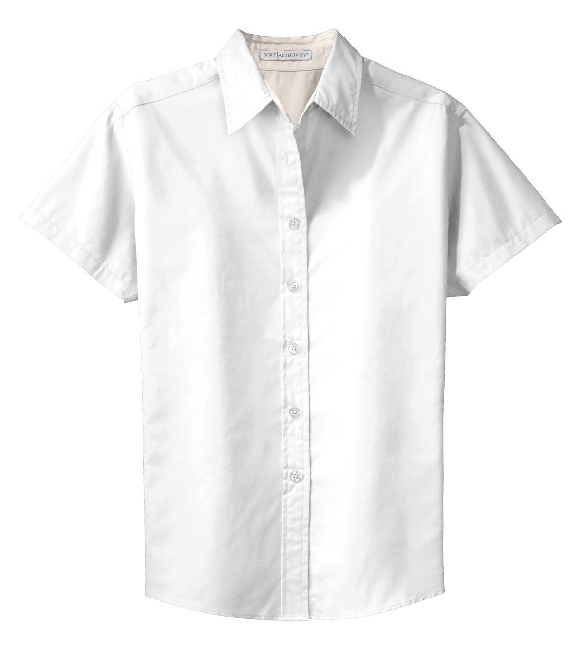 A white short sleeve button-up shirt with a collar, featuring a logo on the chest.