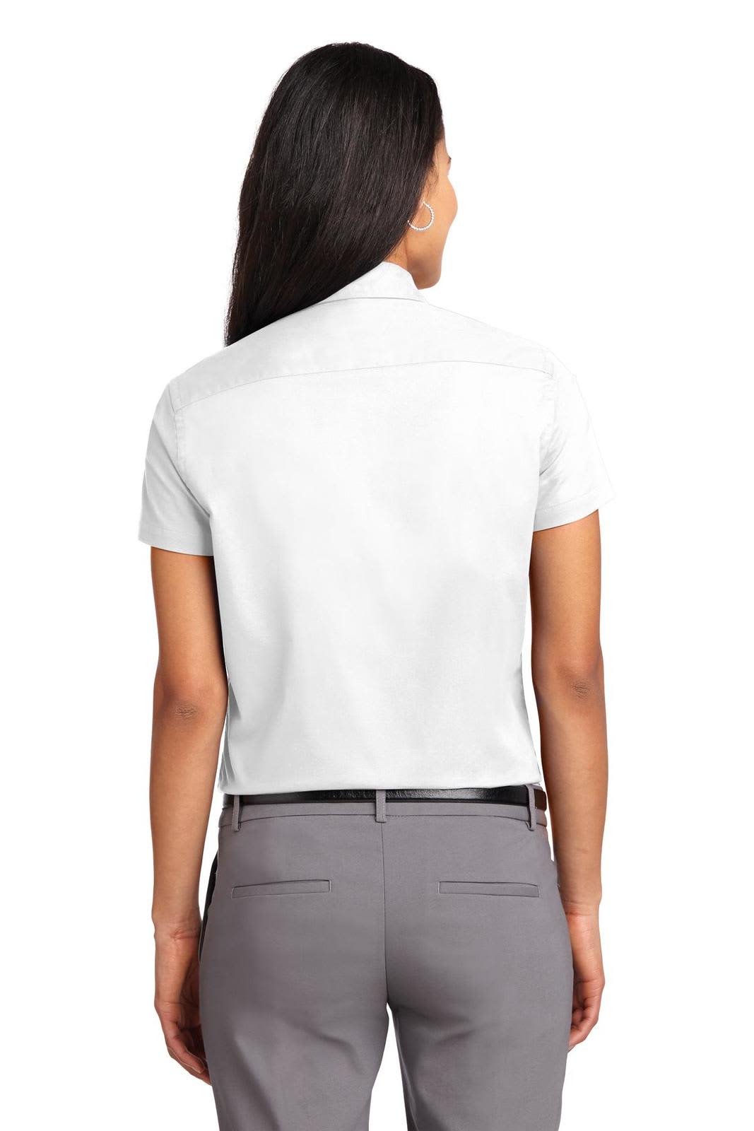 A white short sleeve button-up shirt for ladies, featuring a collar and a branding logo on the back.