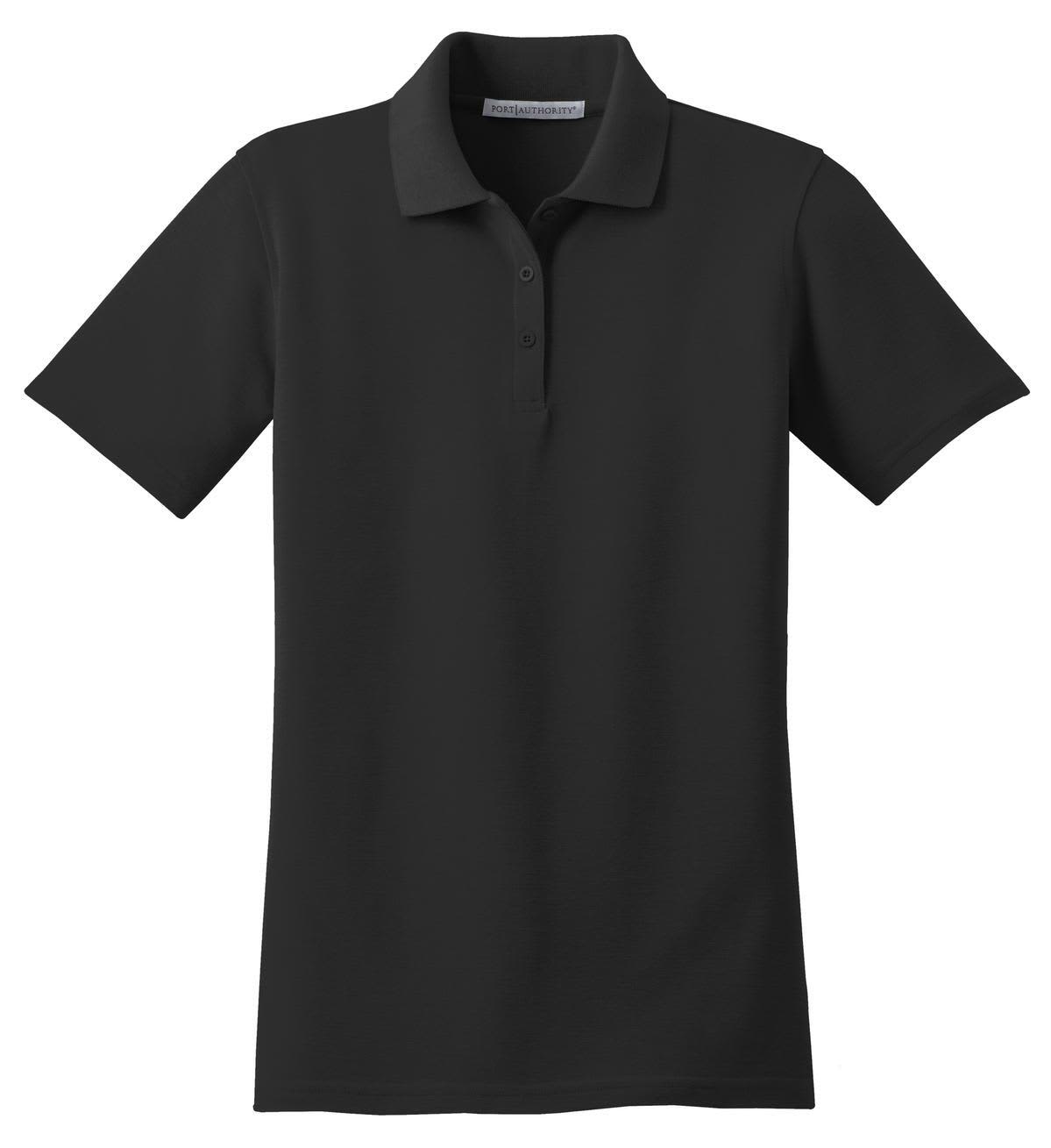 A black ladies' polo shirt featuring a collar, short sleeves, and a buttoned placket. It includes a logo.