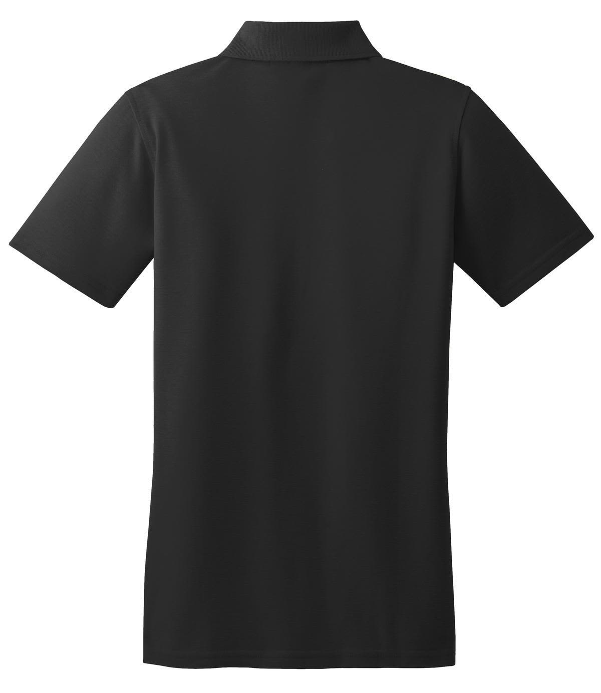 A black polo shirt with a collar, featuring short sleeves and a logo on the back. Stain-resistant material.
