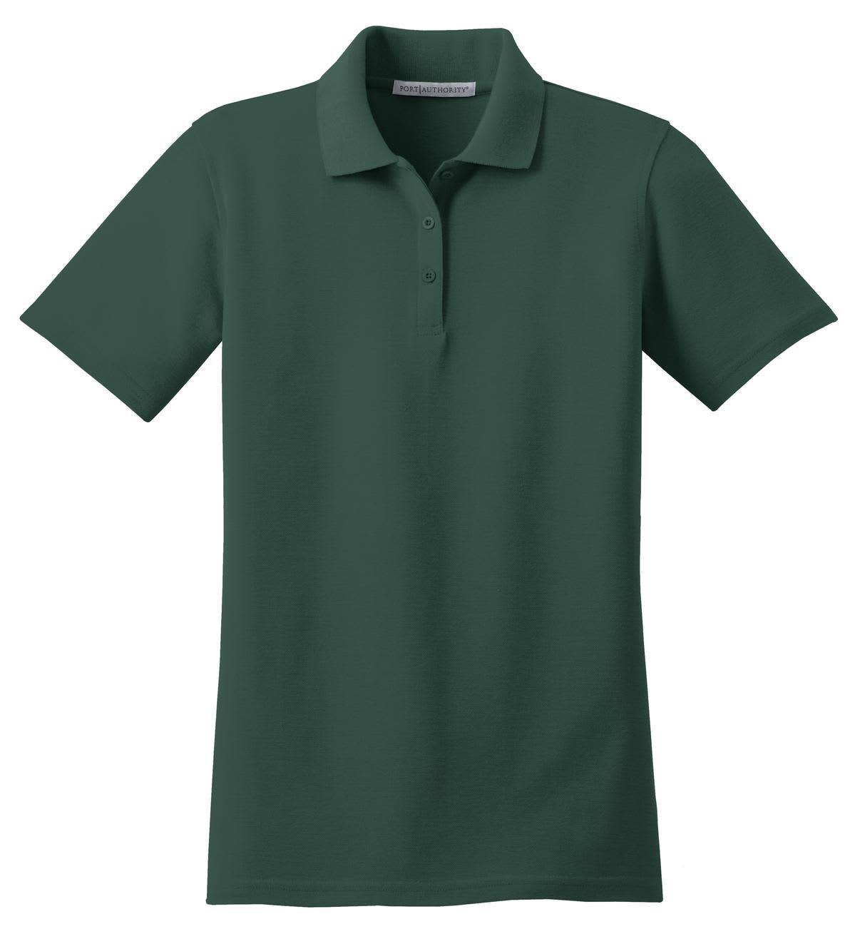 A dark green ladies' polo shirt with a collar and short sleeves, featuring a logo on the front.