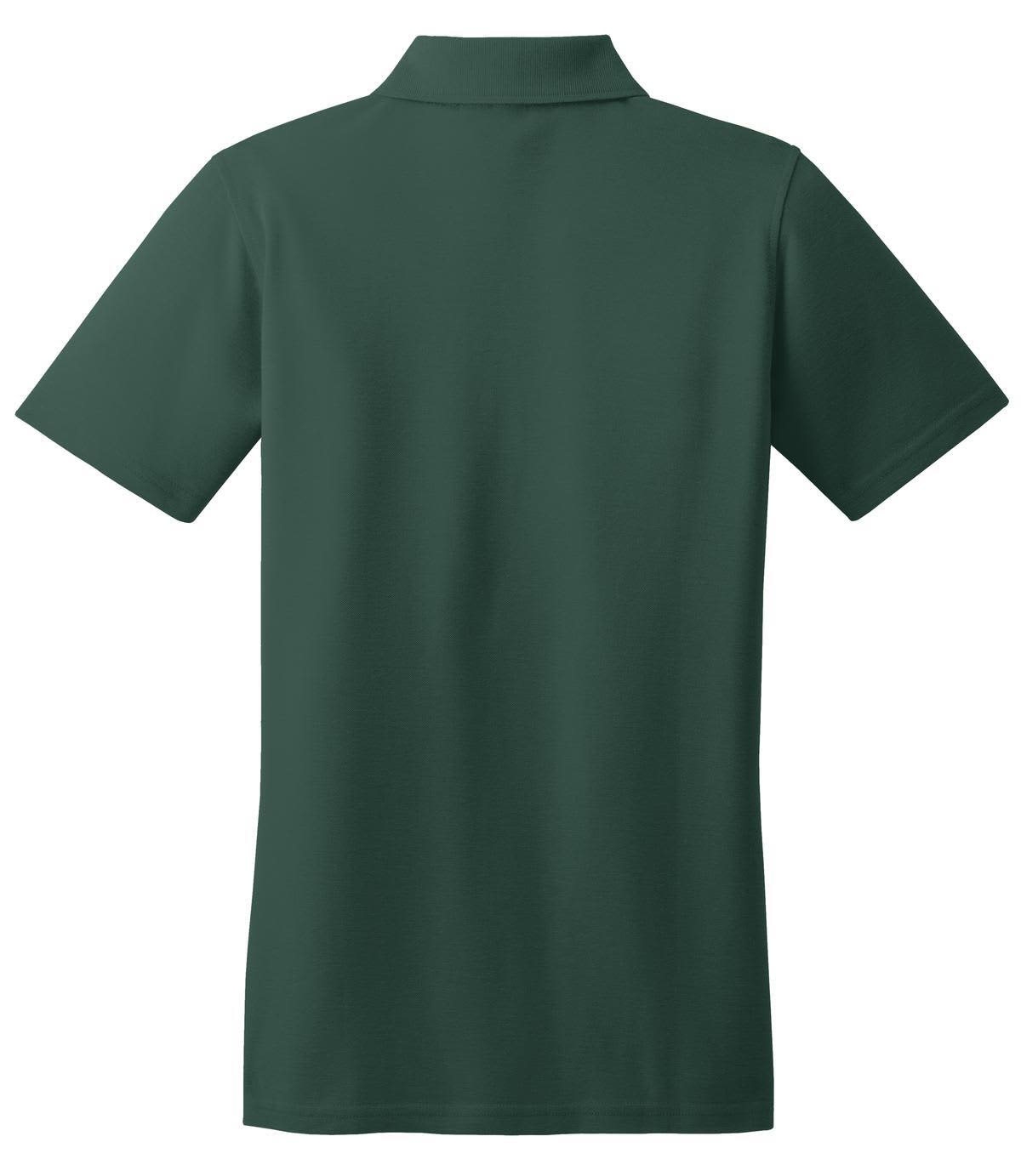 A dark green ladies' polo shirt with a classic collar and short sleeves, featuring a branding logo.