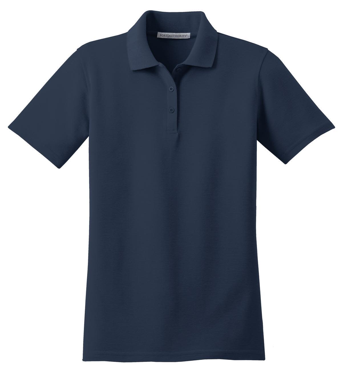 A dark navy blue ladies' polo shirt with a collar, short sleeves, and a logo on the chest.