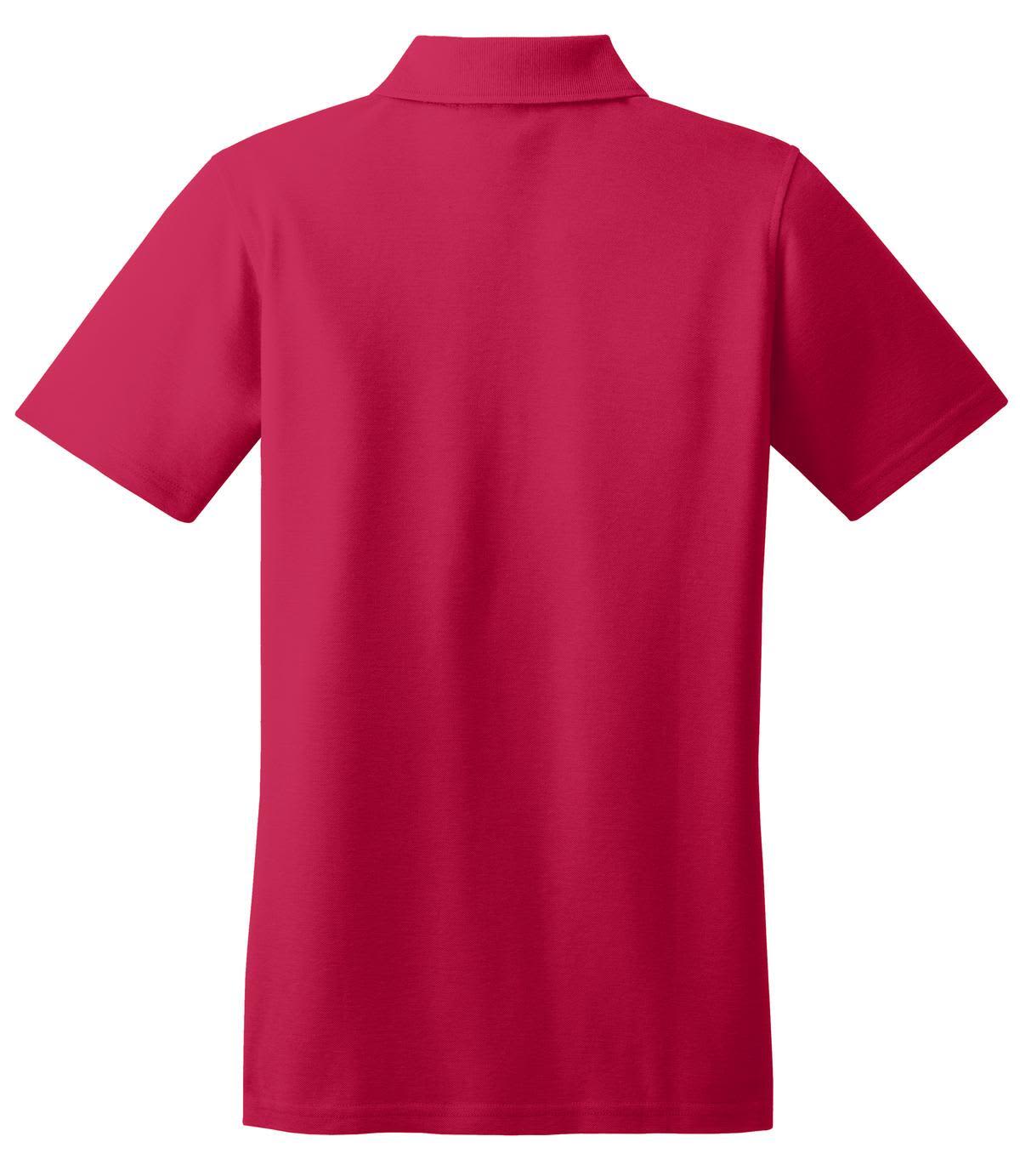 A pink ladies polo shirt featuring a collar and short sleeves, with a branding logo on the back.