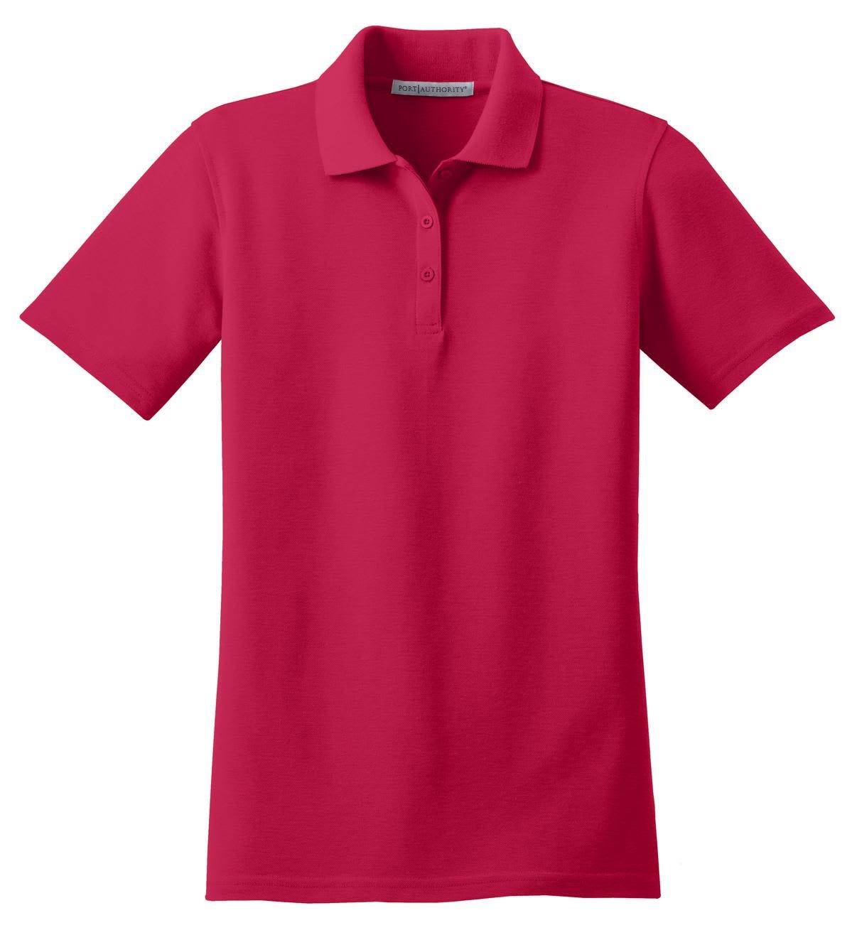 A bright pink ladies' polo shirt made from stain-resistant material, featuring a collar and a button placket.