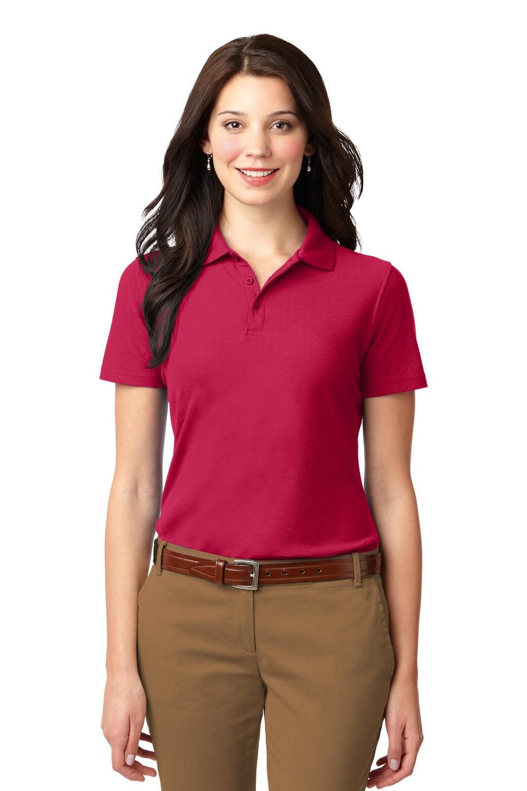 A red ladies' polo shirt with a collar and short sleeves, featuring a logo.