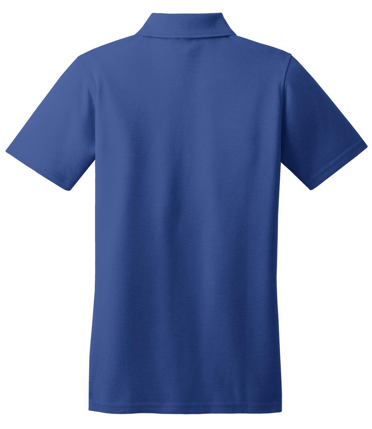 A blue ladies' polo shirt with a collar and short sleeves, featuring a logo on the back.