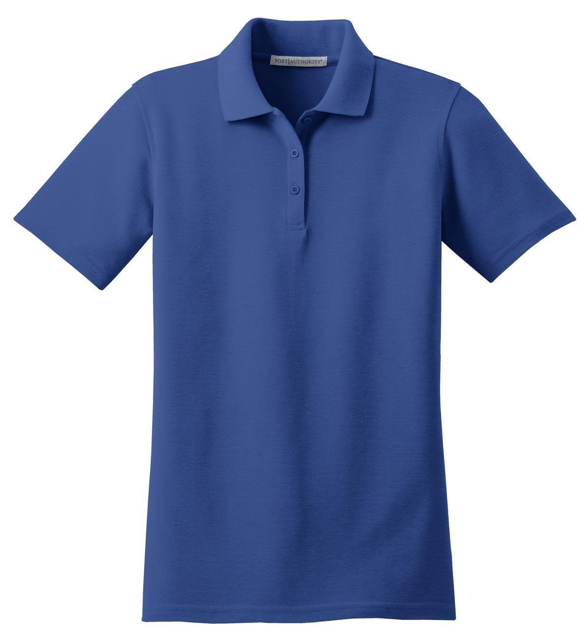 A blue polo shirt with a collar and short sleeves, featuring a logo on the chest area.